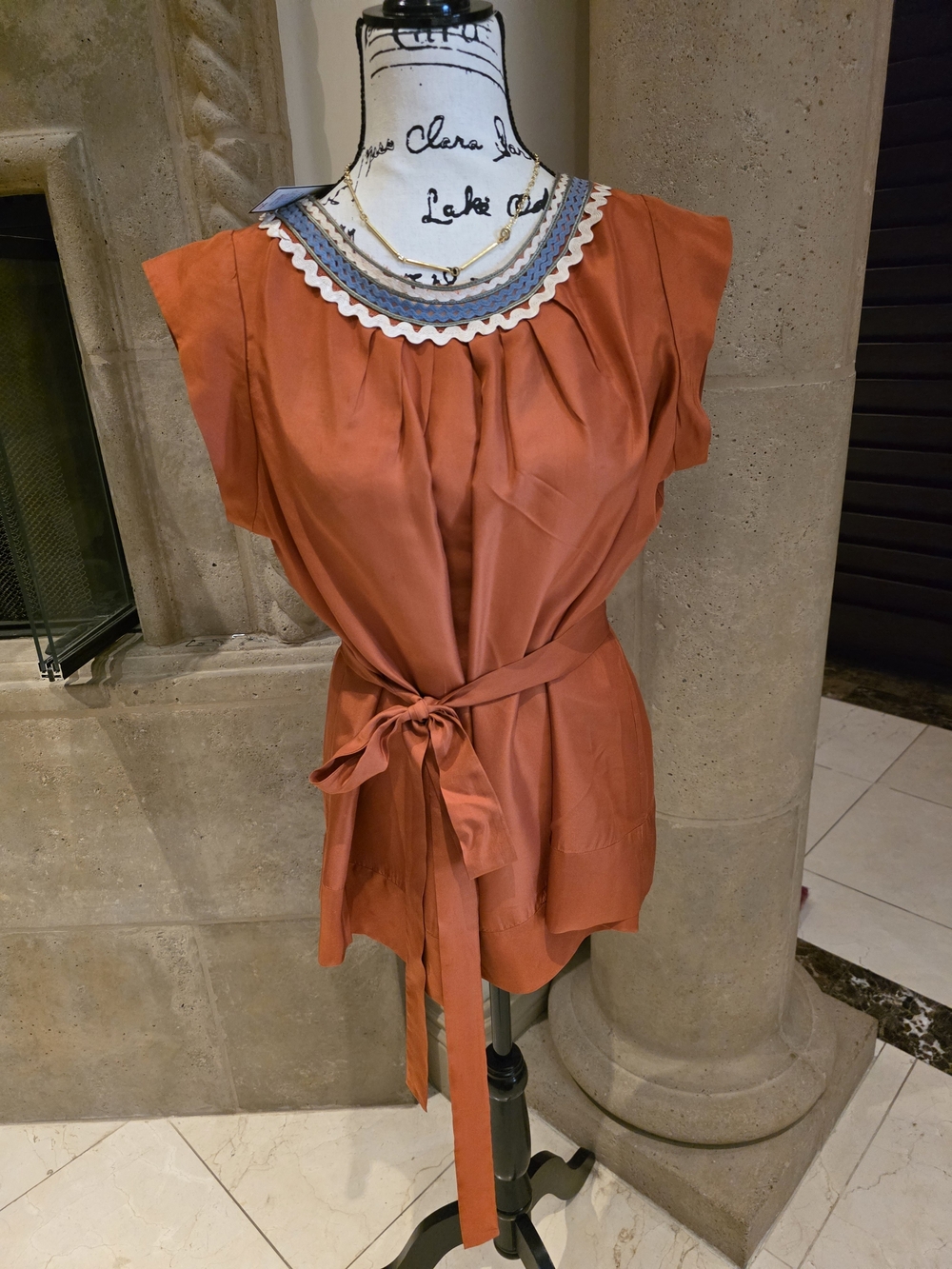 BCBGMaxAzria Rust Tie-Waist Tunic with Embroidered Neck